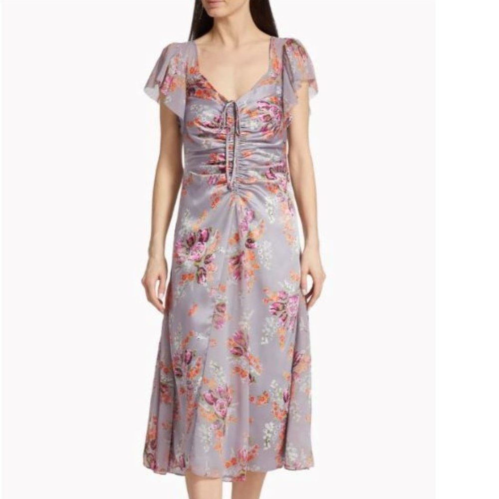 CINQ À SEPT Terrence Floral Print Ruched Flutter Sleeve Midi Dress Size 10